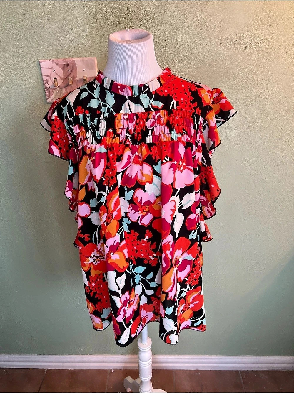 Floral Ruffle Blouse in Red & Black Like New